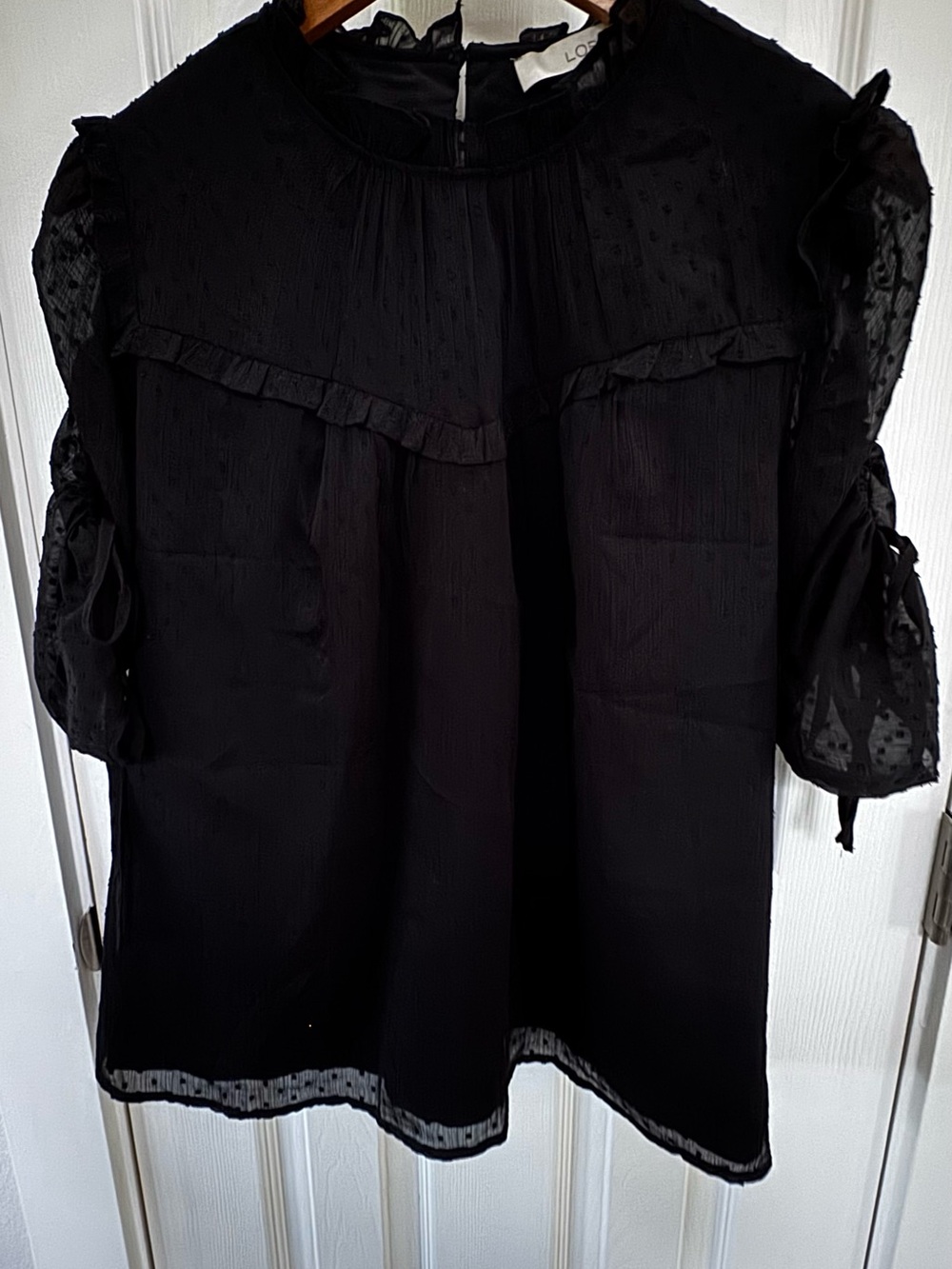 LOFT Black Ruffle Swiss Dot Blouse
